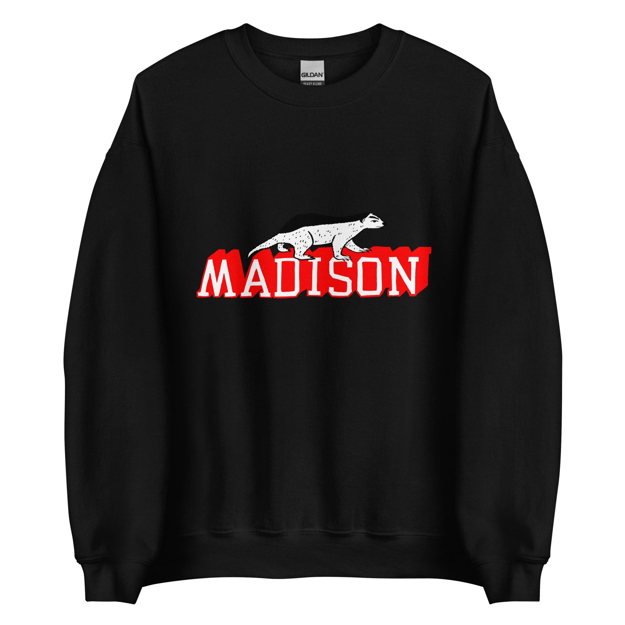Madison Wisconsin midweight crewneck sweatshirt in black with hand-drawn Madison badger graphic on chest.