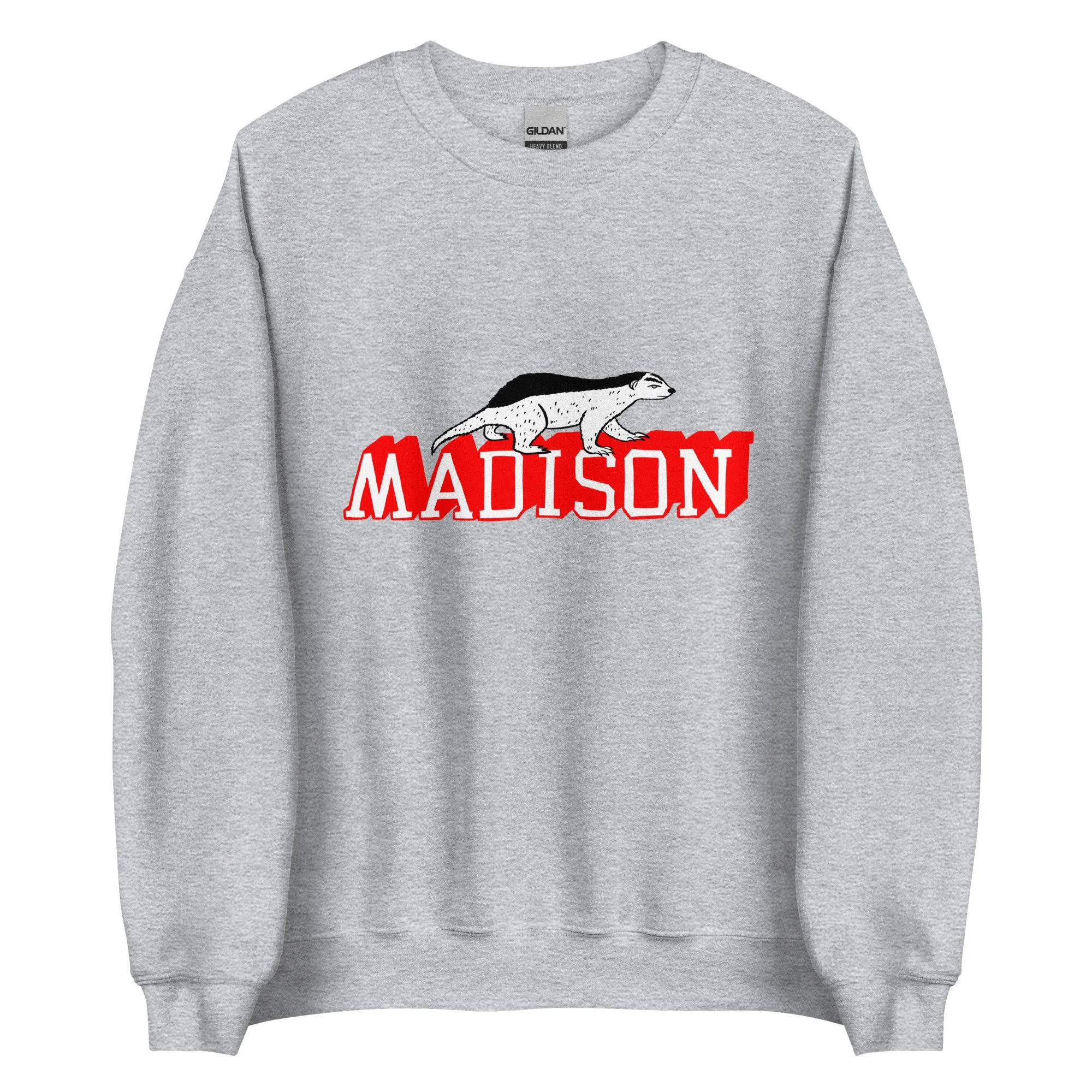 Madison Wisconsin midweight crewneck sweatshirt in sport grey with hand-drawn Madison badger graphic on chest.