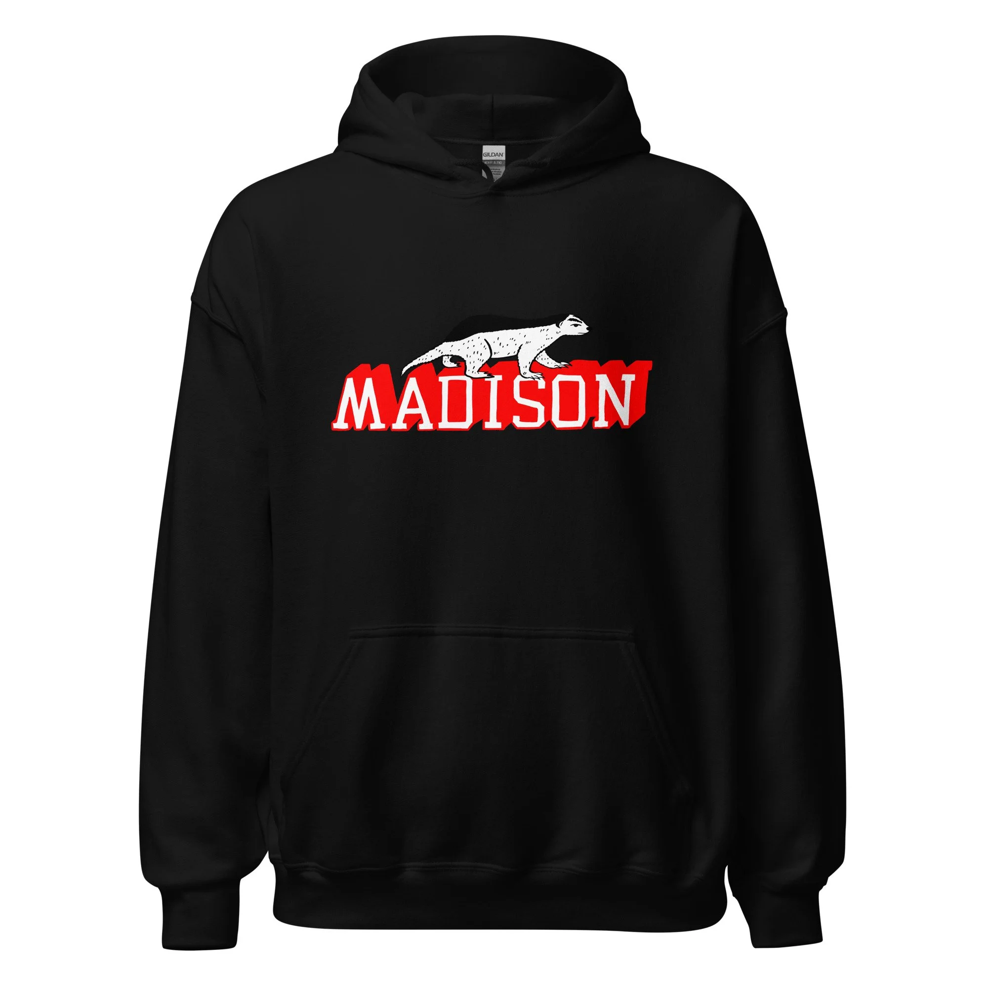 Madison Wisconsin midweight hoodie in black with hand-drawn Madison badger graphic on chest.