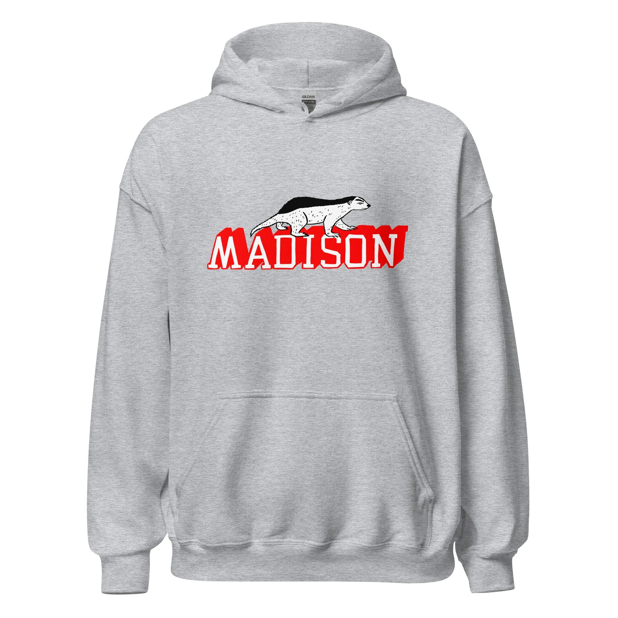 Madison Wisconsin midweight hoodie in athletic heather with hand-drawn Madison badger graphic on chest.