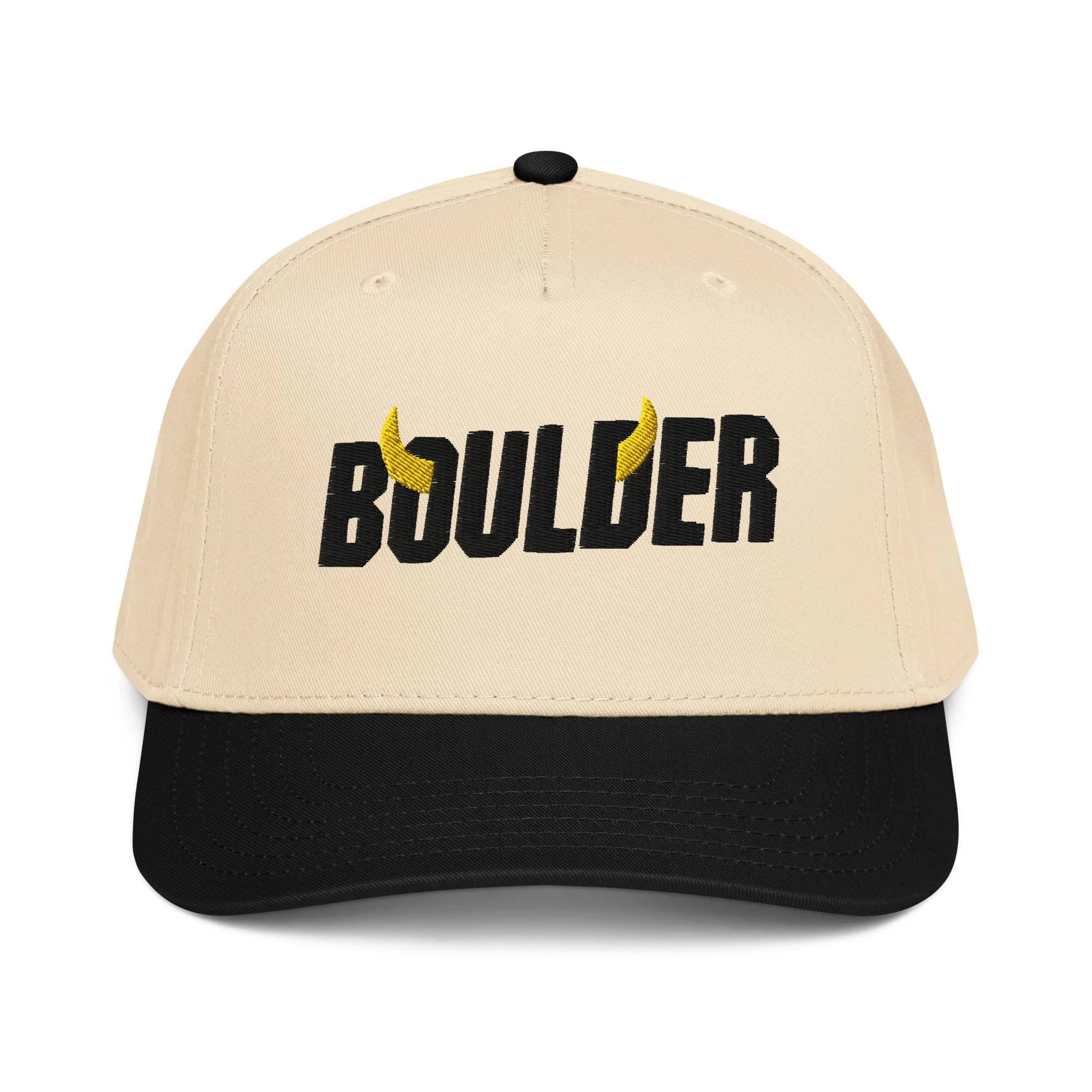 Boulder Colorado snapback hat in natural and black with embroidered Boulder horns wordmark on structured front panel.