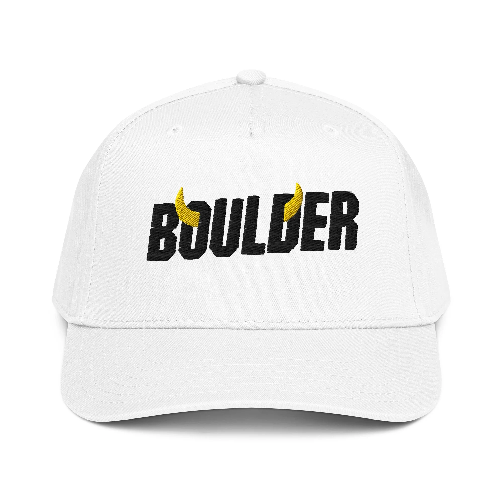 Boulder Colorado snapback hat in white with embroidered Boulder horns wordmark on structured front panel.