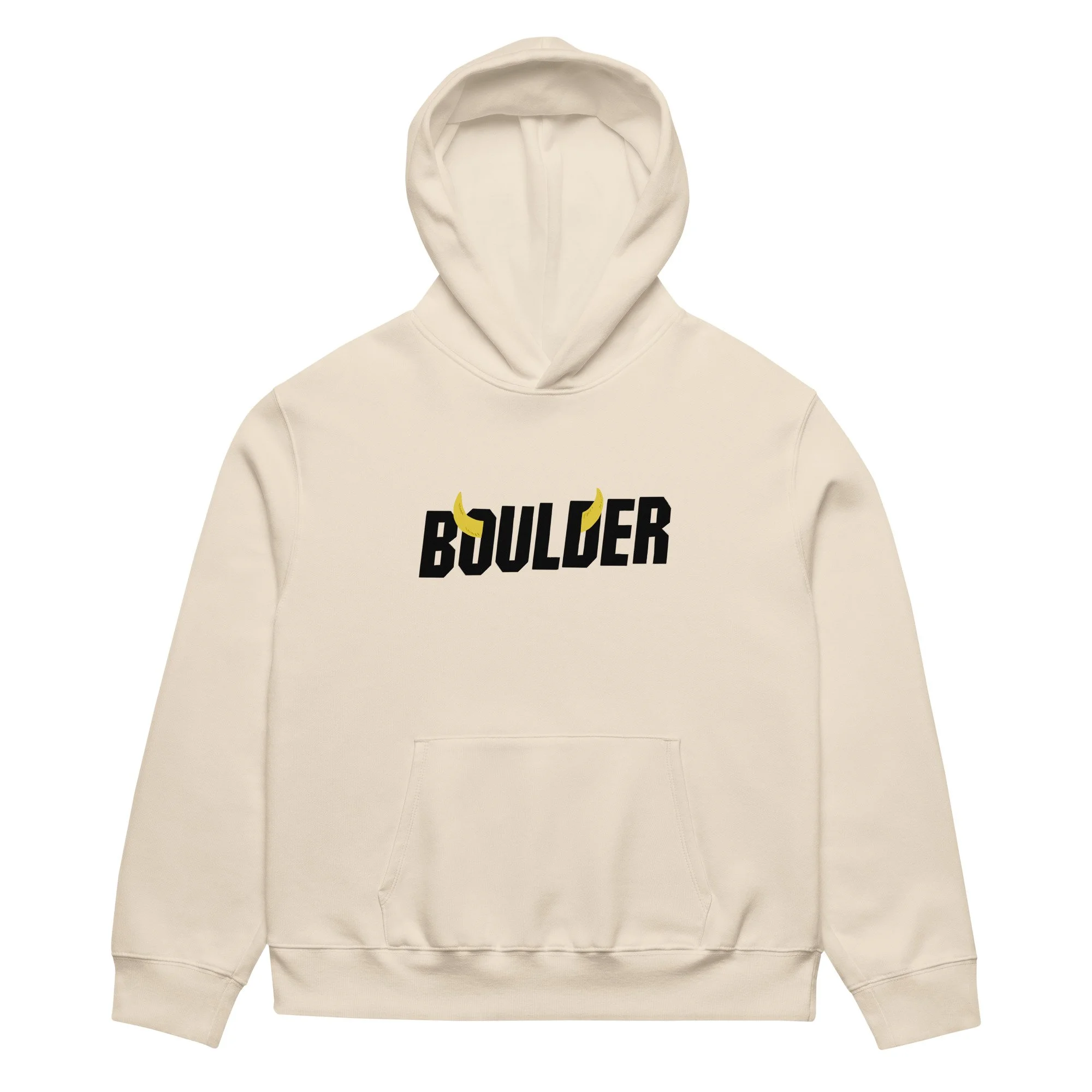 Boulder Colorado heavyweight hoodie in sand with Boulder horns wordmark on chest.