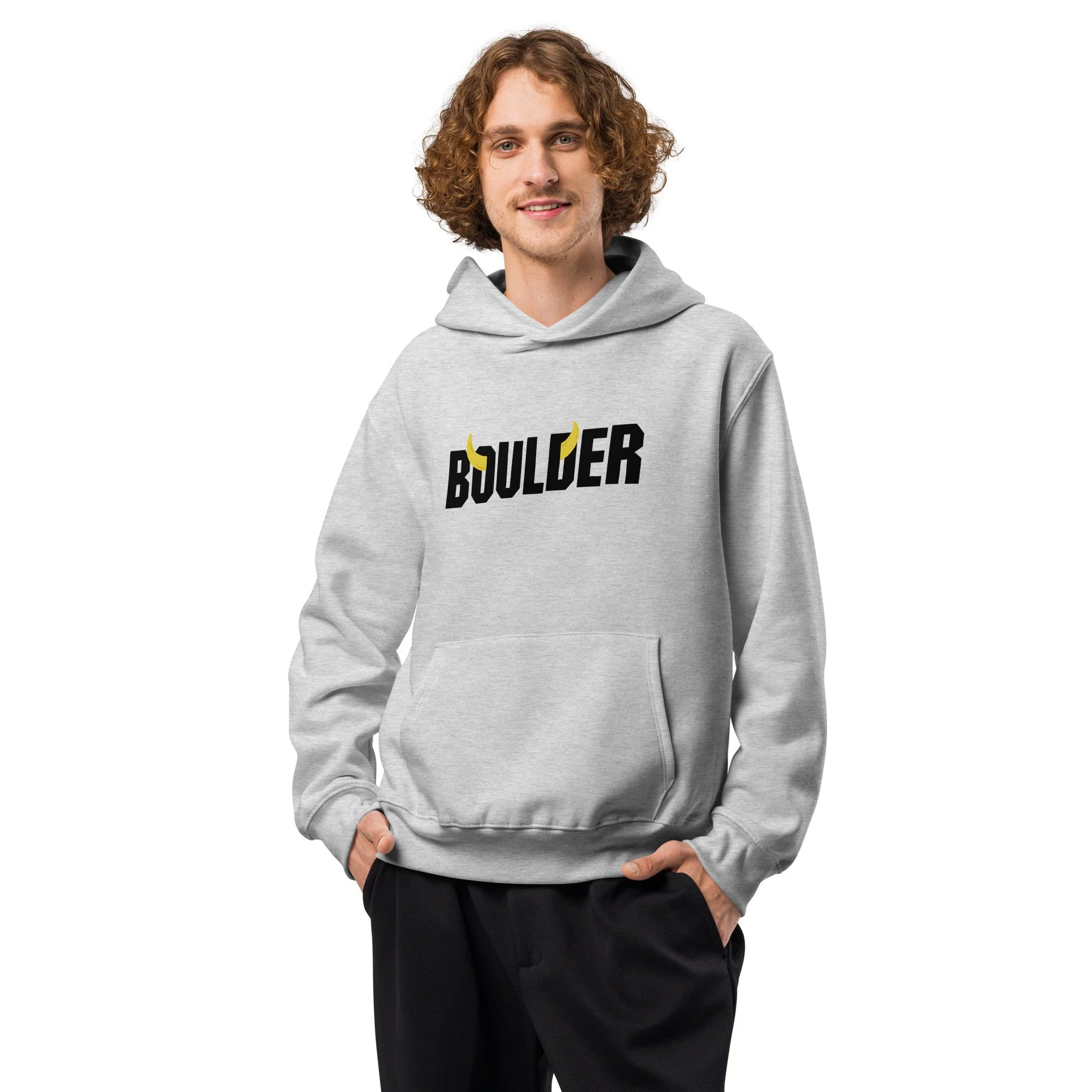 Man wearing the Boulder Colorado heavyweight hoodie in athletic heather with Boulder horns design
