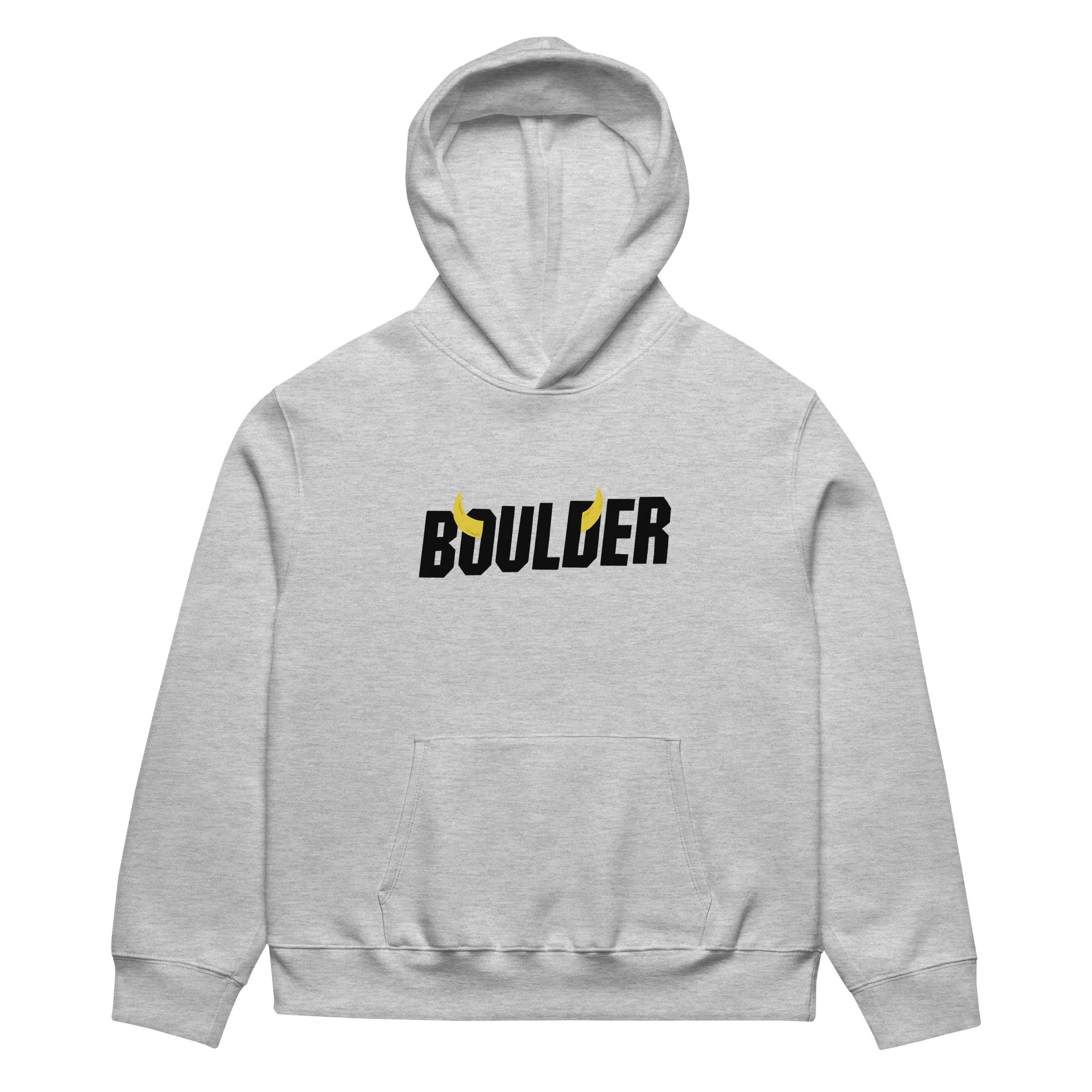 Boulder Colorado heavyweight hoodie in athletic heather with Boulder horns wordmark on chest.