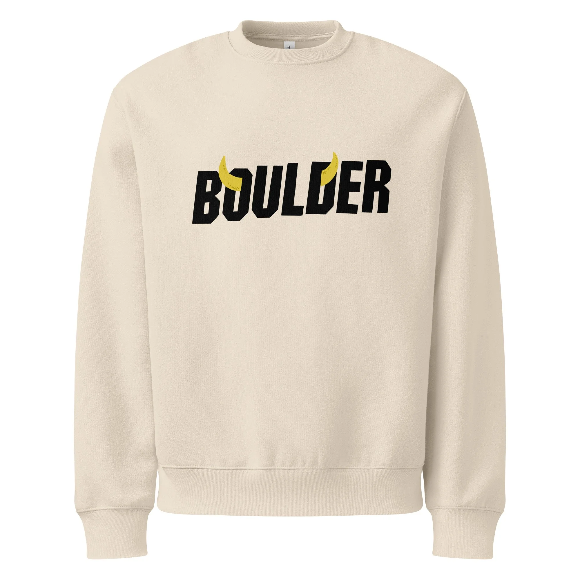 Boulder Colorado heavyweight crewneck sweatshirt in dust with Boulder horns wordmark on chest.