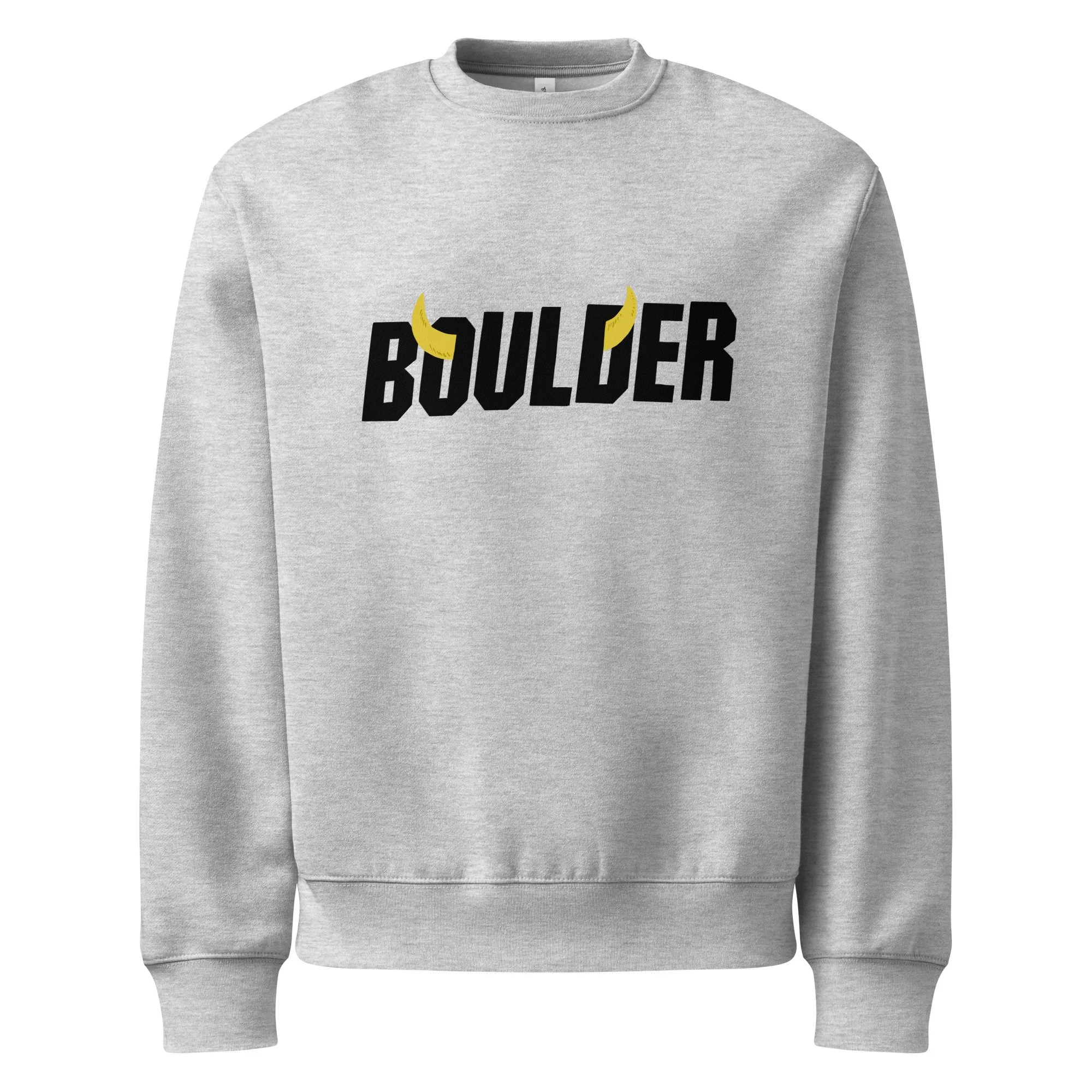 Boulder Colorado heavyweight crewneck sweatshirt in athletic heather with Boulder horns wordmark on chest.