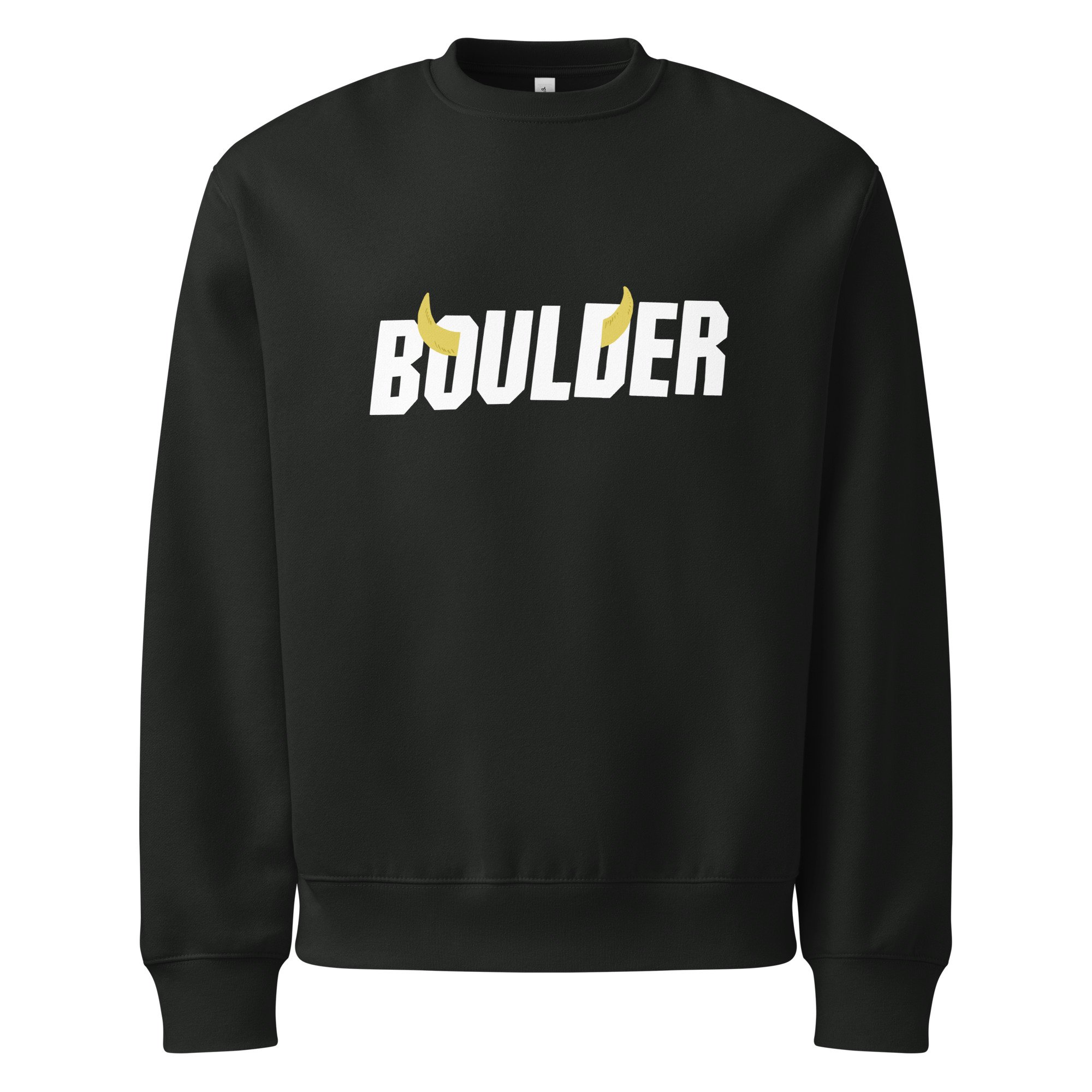Boulder Colorado heavyweight crewneck sweatshirt in vintage black with Boulder horns wordmark on chest.