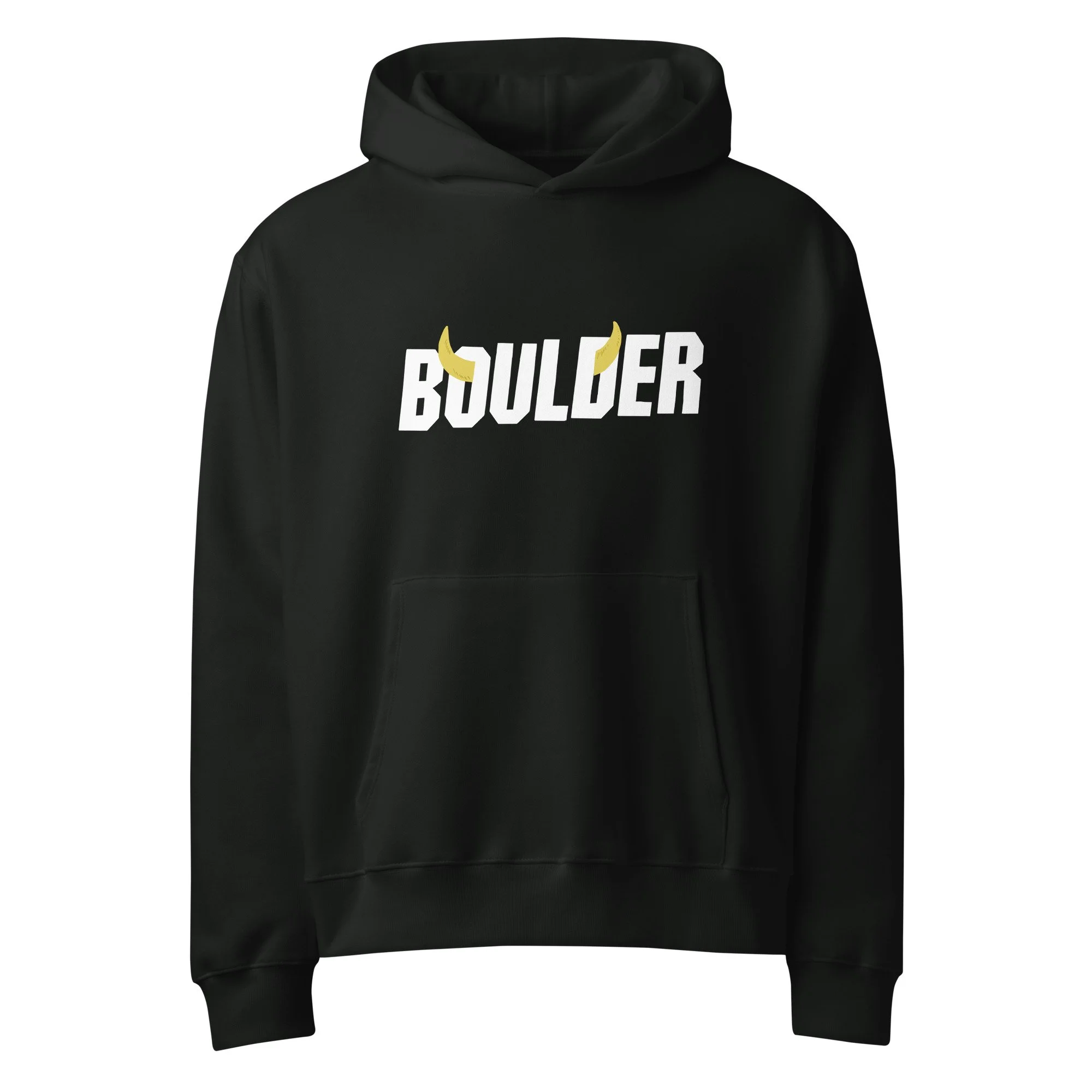 Boulder Colorado heavyweight hoodie in black with Boulder horns wordmark on chest.