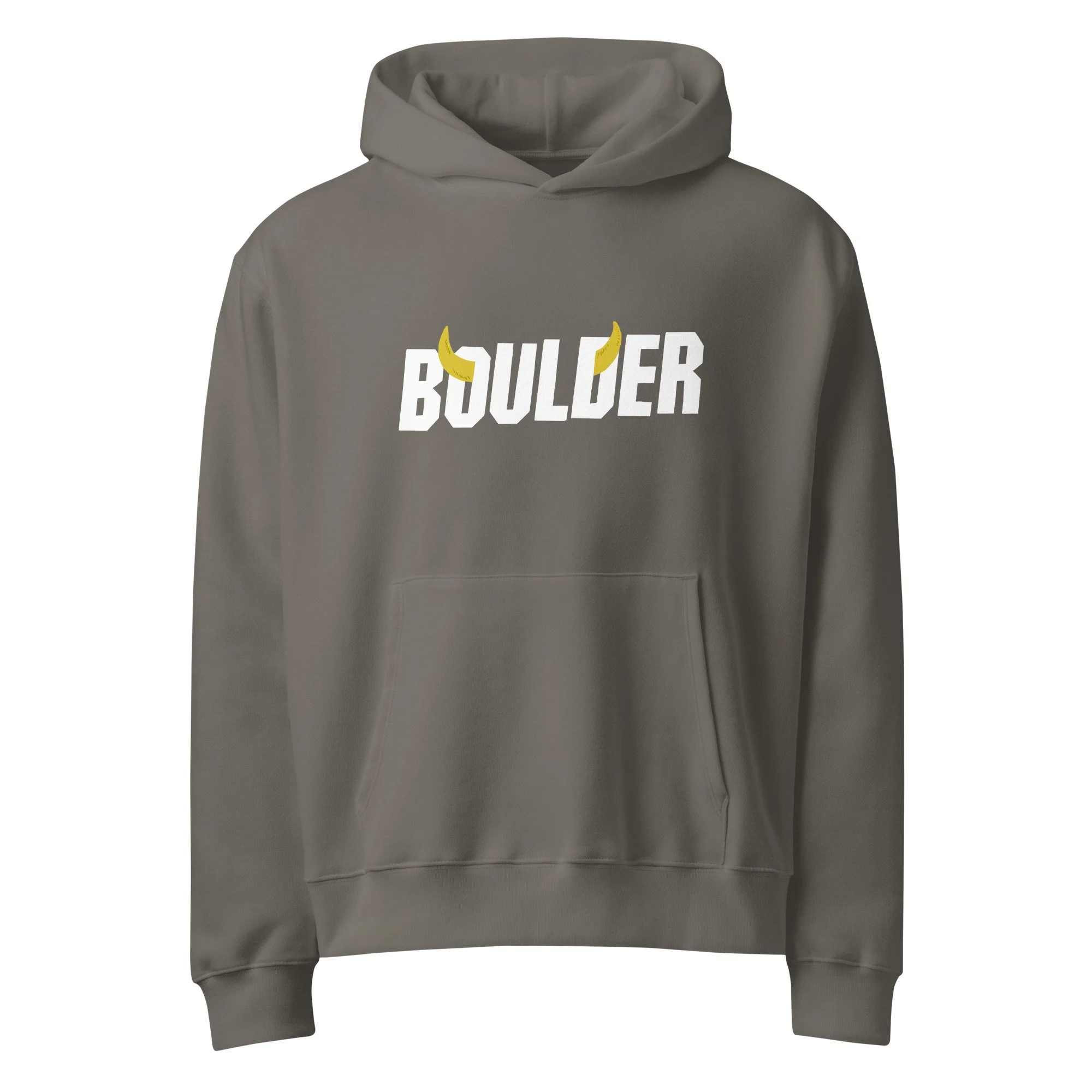 Boulder Colorado heavyweight hoodie in granite with Boulder horns wordmark on chest.