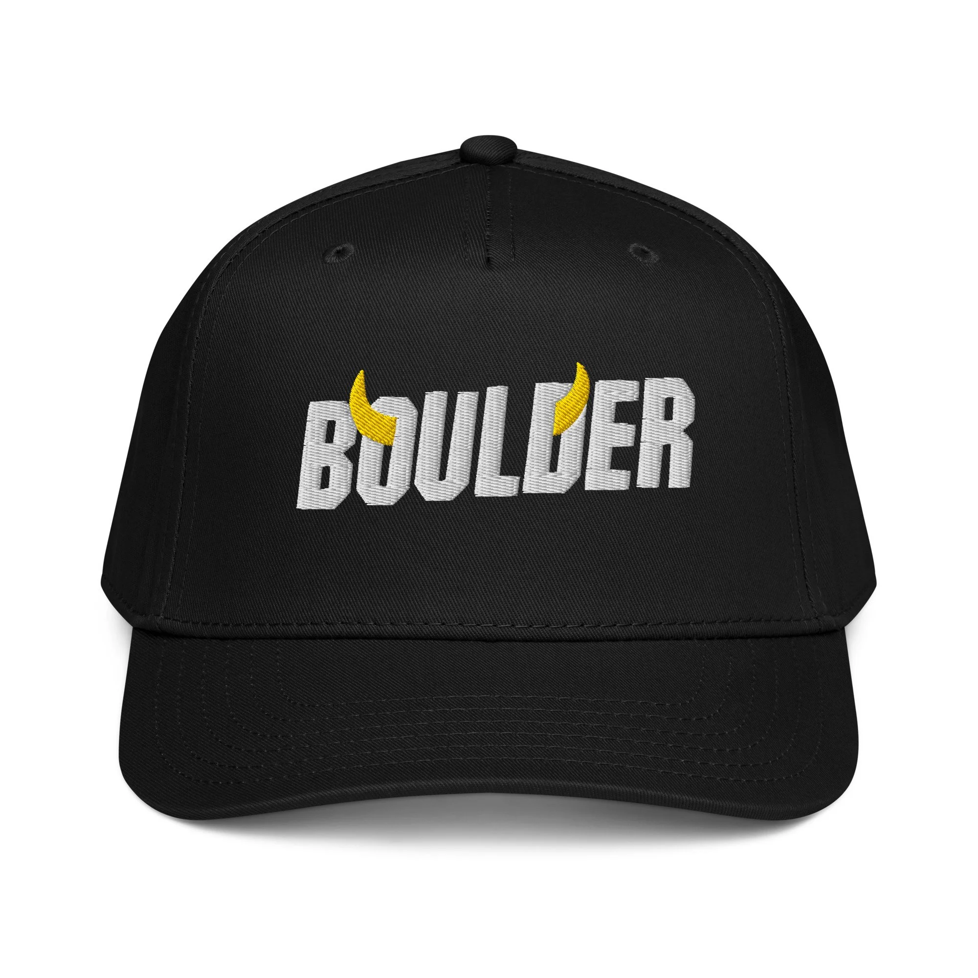 Boulder Colorado snapback hat in black with embroidered white and gold Boulder horns wordmark on structured front panel.