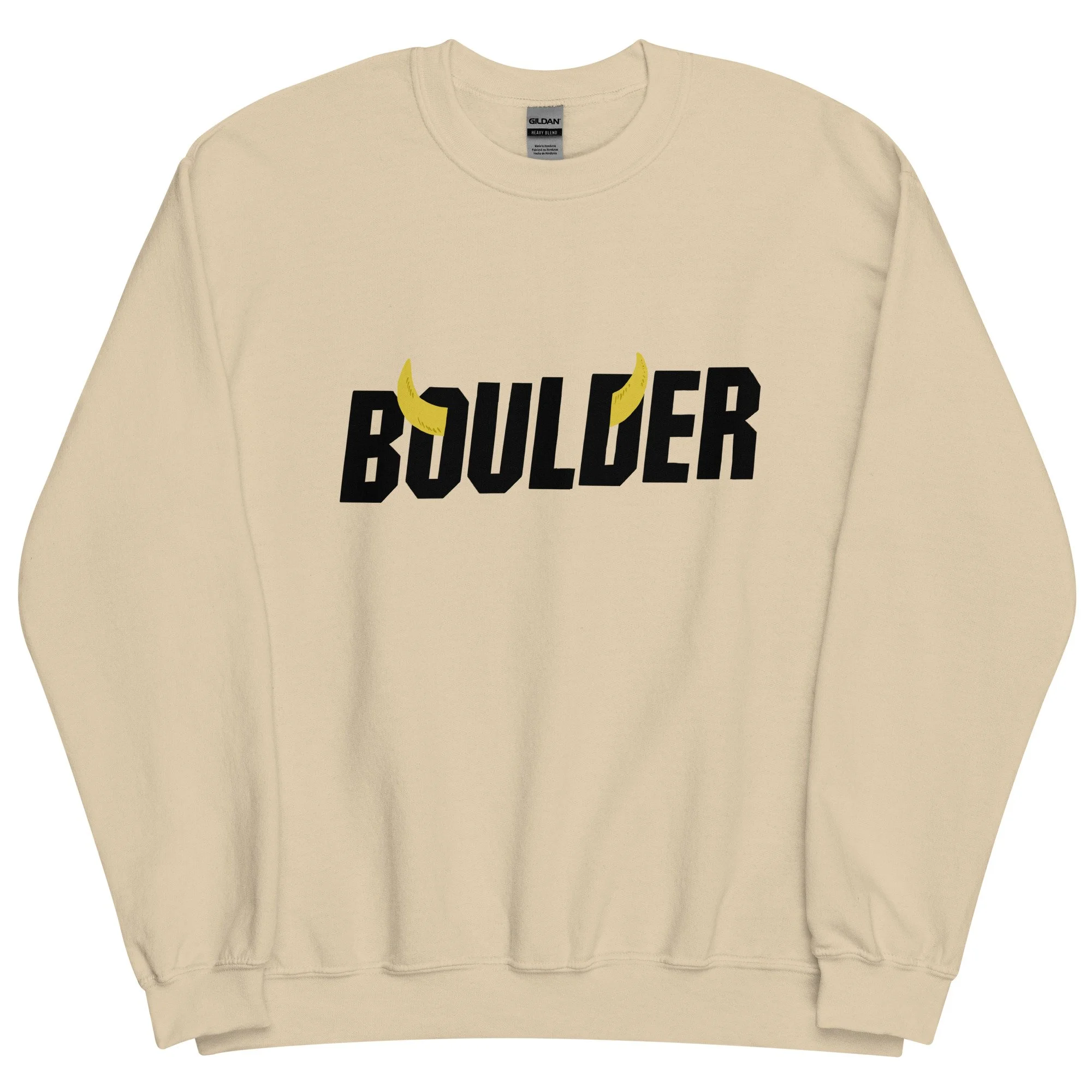 Boulder Colorado midweight crewneck sweatshirt in sand with embroidered Boulder horns wordmark on chest.