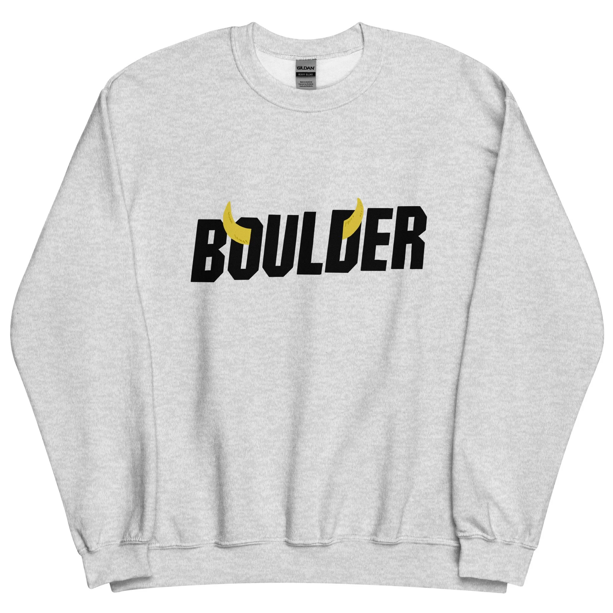 Boulder Colorado midweight crewneck sweatshirt in ash with embroidered Boulder horns wordmark on chest.