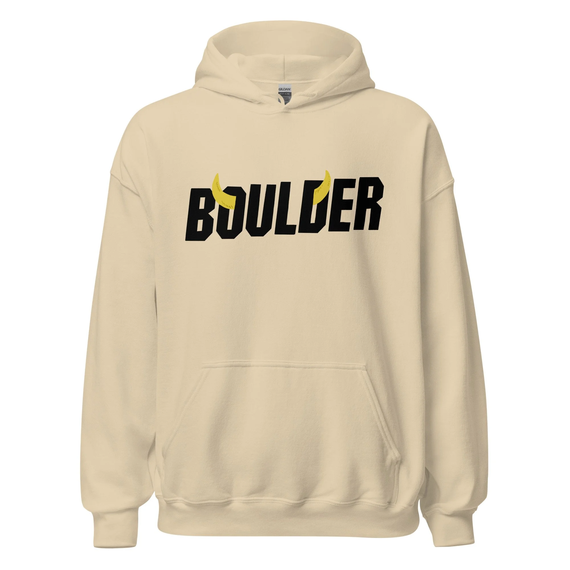 Boulder Colorado midweight hoodie in sand with embroidered Boulder horns wordmark on chest.