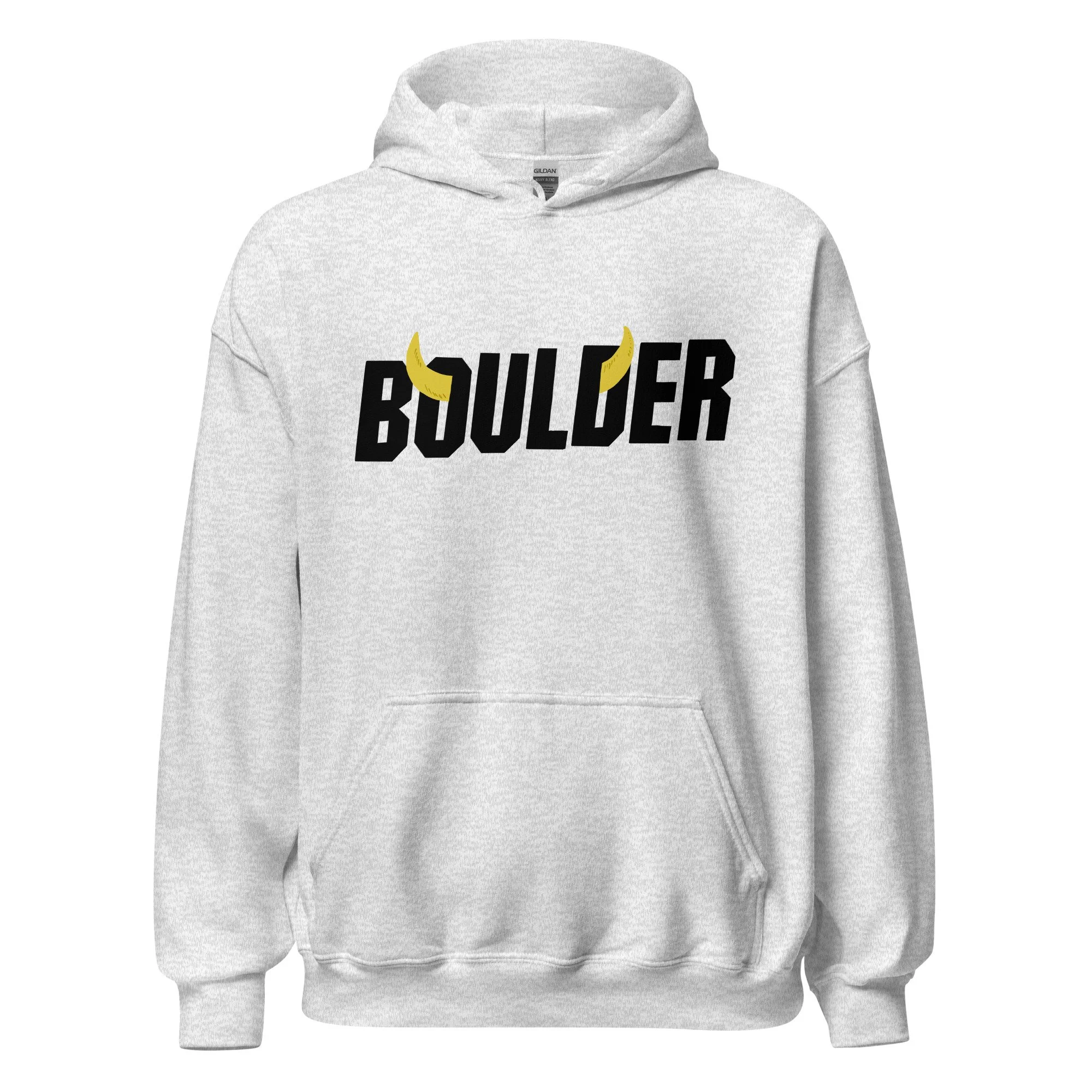 Boulder Colorado midweight hoodie in ash with embroidered Boulder horns wordmark on chest.