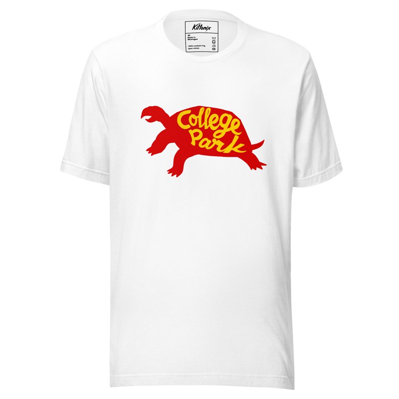 White unisex t-shirt with red and yellow College Park terrapin design, inspired by the University of Maryland hometown.