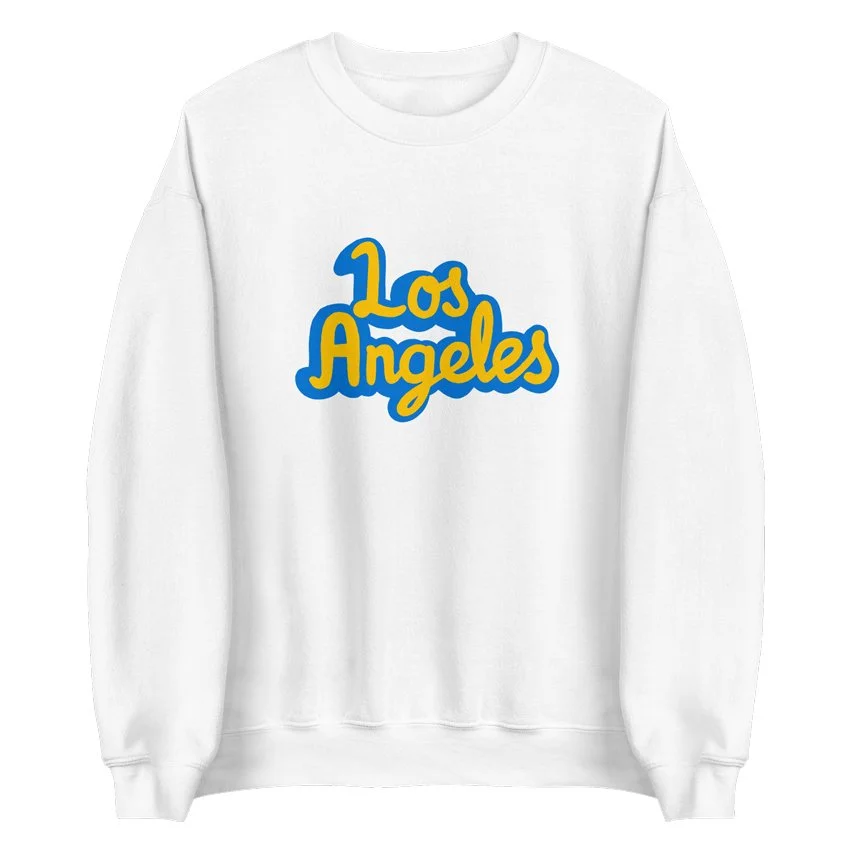 Midweight white sweatshirt with Los Angeles script, inspired by UCLA in Westwood.