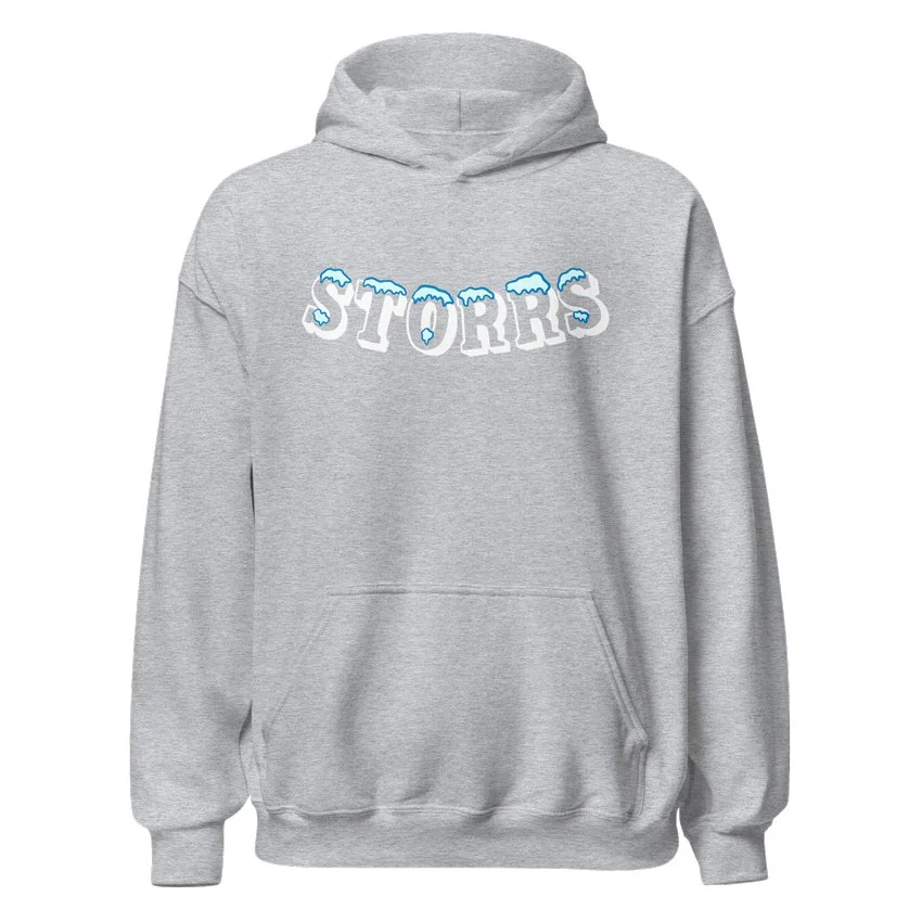 Midweight grey hoodie with Storrs design, inspired by the hometown of the University of Connecticut.