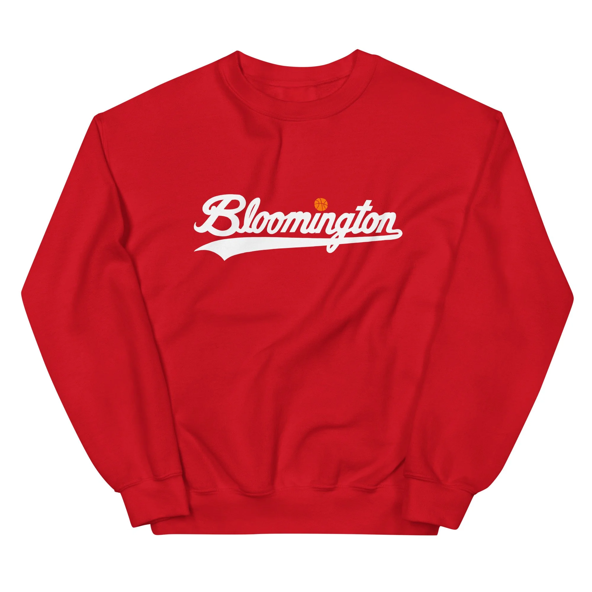 Red Bloomington crewneck sweatshirt inspired by Indiana University with white script text and a basketball