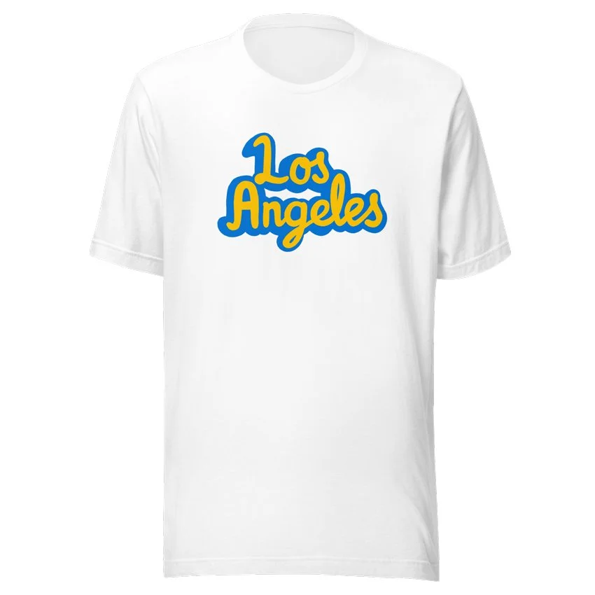 Lightweight white t-shirt with Los Angeles script, inspired by UCLA in Westwood.