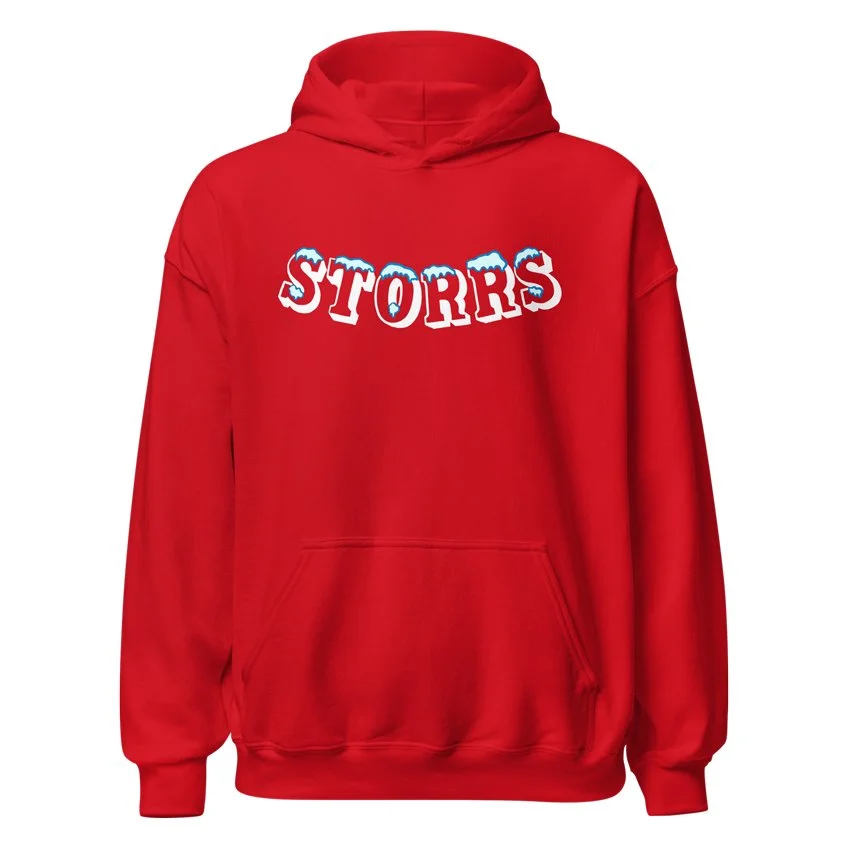 Midweight red hoodie with Storrs design, inspired by the hometown of the University of Connecticut.