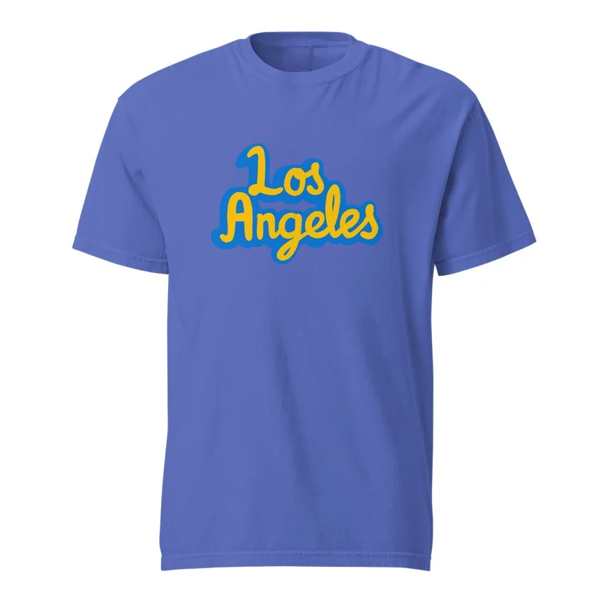 Garment-dyed Los Angeles blue t-shirt inspired by the hometown of UCLA in Westwood.