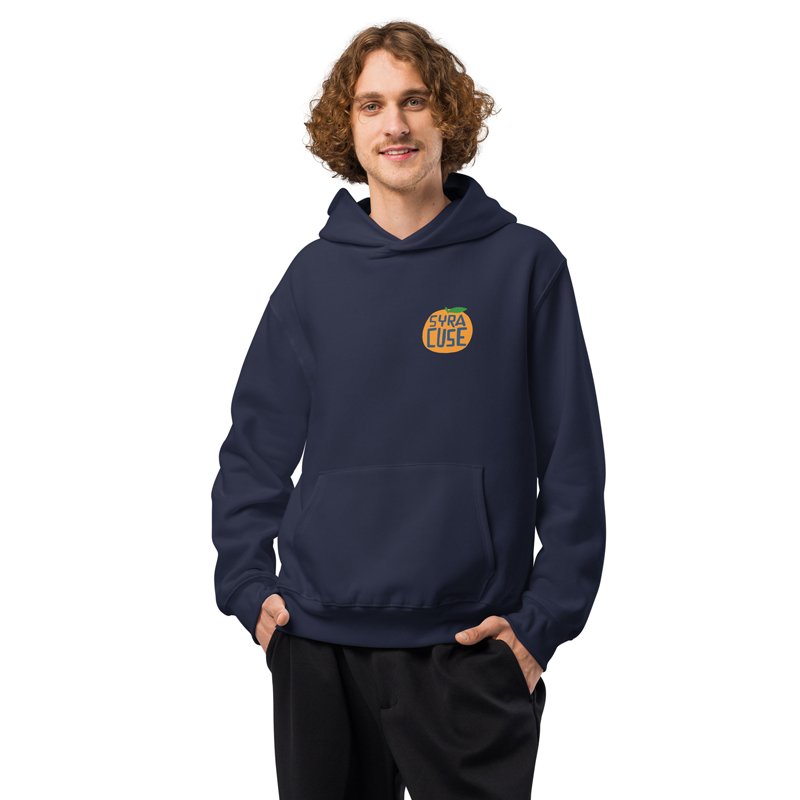 Man wearing a navy hoodie with Syracuse orange logo centered on the chest.