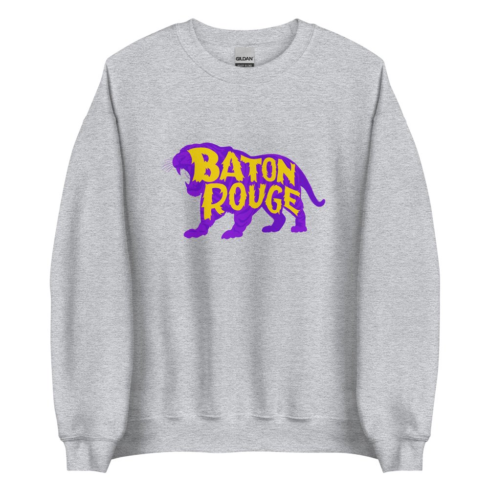Grey heather crewneck sweatshirt with Baton Rouge tiger graphic centered on chest, blending comfort and college town tradition.