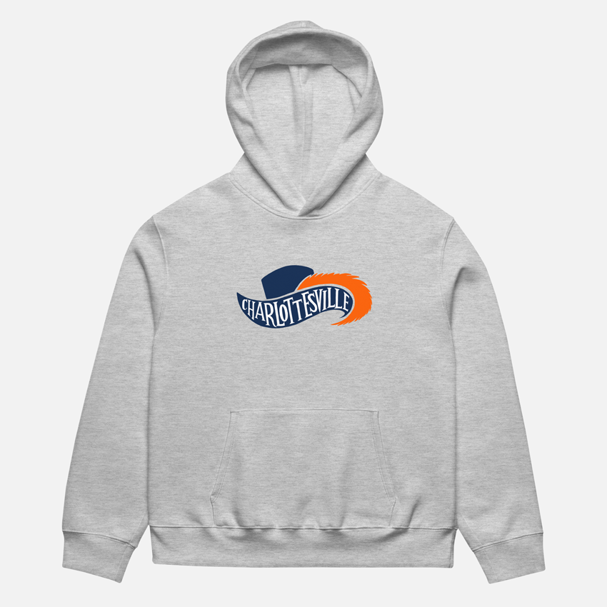 Original Charlottesville heavyweight hoodie with Cavalier hat and feathered plume design. Oversized fit, available in 2 colors. For UVA students, alumni and Cavalier fans.
