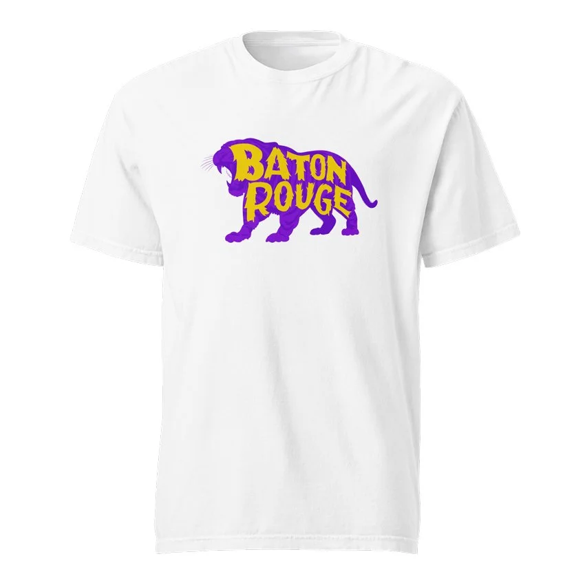 Baton Rouge Louisiana garment-dyed t-shirt in white with purple tiger silhouette and jagged gold lettering design, original Kittonix design for LSU fans