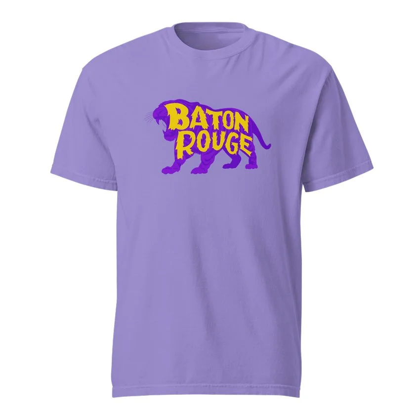Baton Rouge Louisiana garment-dyed t-shirt in violet with purple tiger silhouette and jagged gold lettering design, original Kittonix design for LSU fans