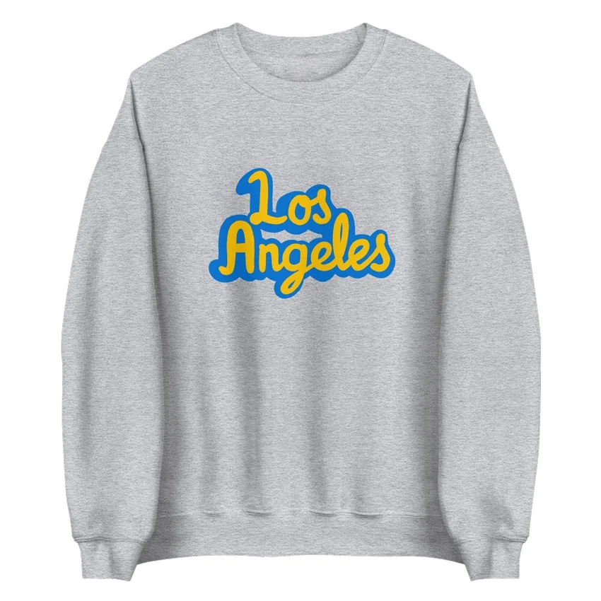 Midweight heather grey sweatshirt with Los Angeles script, inspired by UCLA in Westwood.