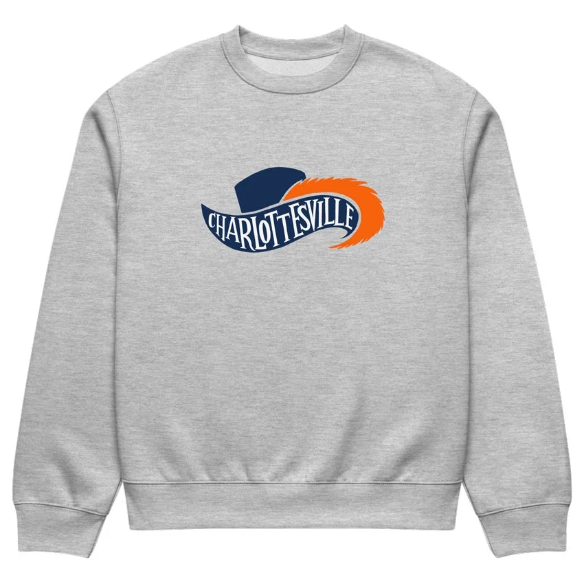Charlottesville Virginia heavyweight crewneck in heather grey with navy and orange Cavalier hat and feathered plume design, original Kittonix design for UVA fans