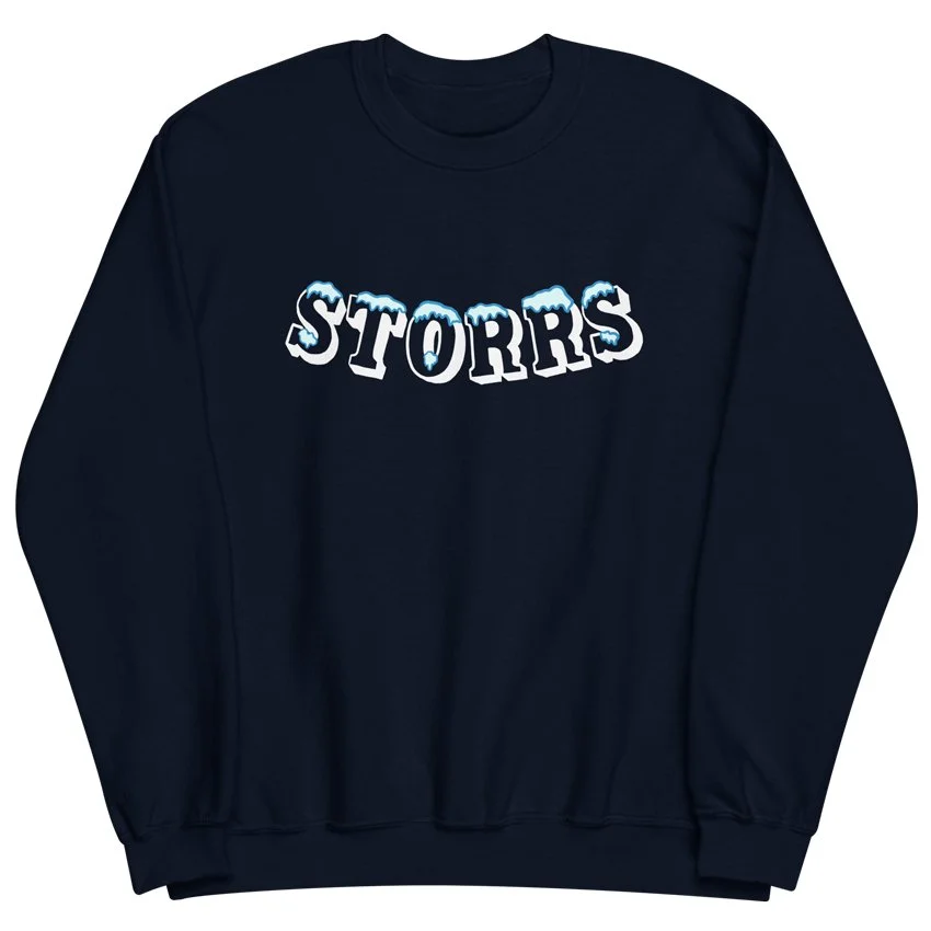 Midweight navy crewneck sweatshirt with Storrs design, inspired by the hometown of the University of Connecticut.