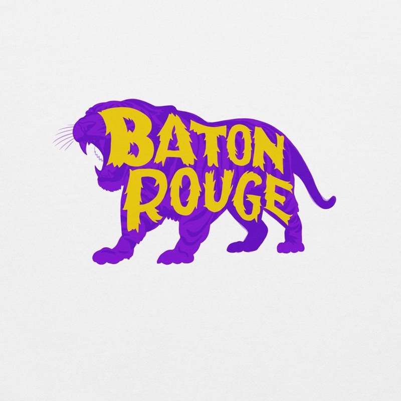 Closeup up our original Baton Rouge yellow and purple tiger design, celebrating college town energy and Tiger spirit.