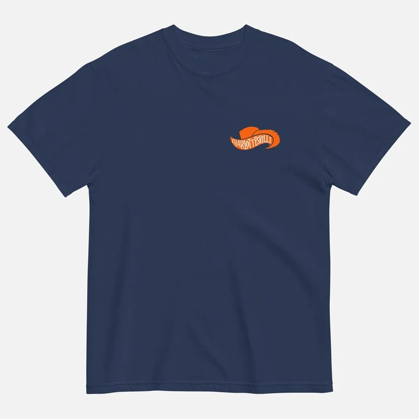 Charlottesville Virginia garment-dyed t-shirt in true navy with orange Cavalier hat right chest hit design, original Kittonix design for UVA fans