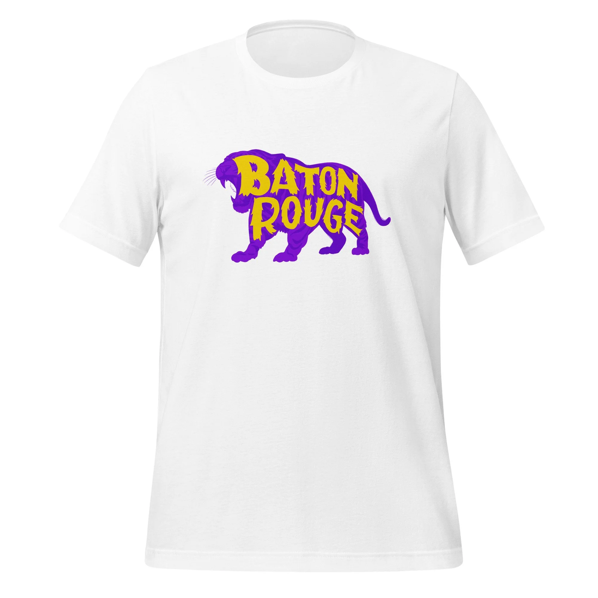 White unisex t-shirt with a "Baton Rouge" tiger design on the center, a nod to LSU's college town charm.