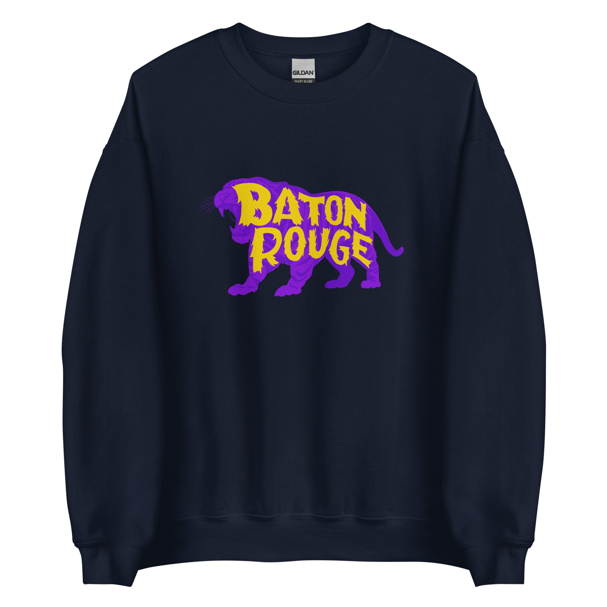 Black crewneck sweatshirt with Baton Rouge tiger graphic centered on chest, blending comfort and campus tradition.