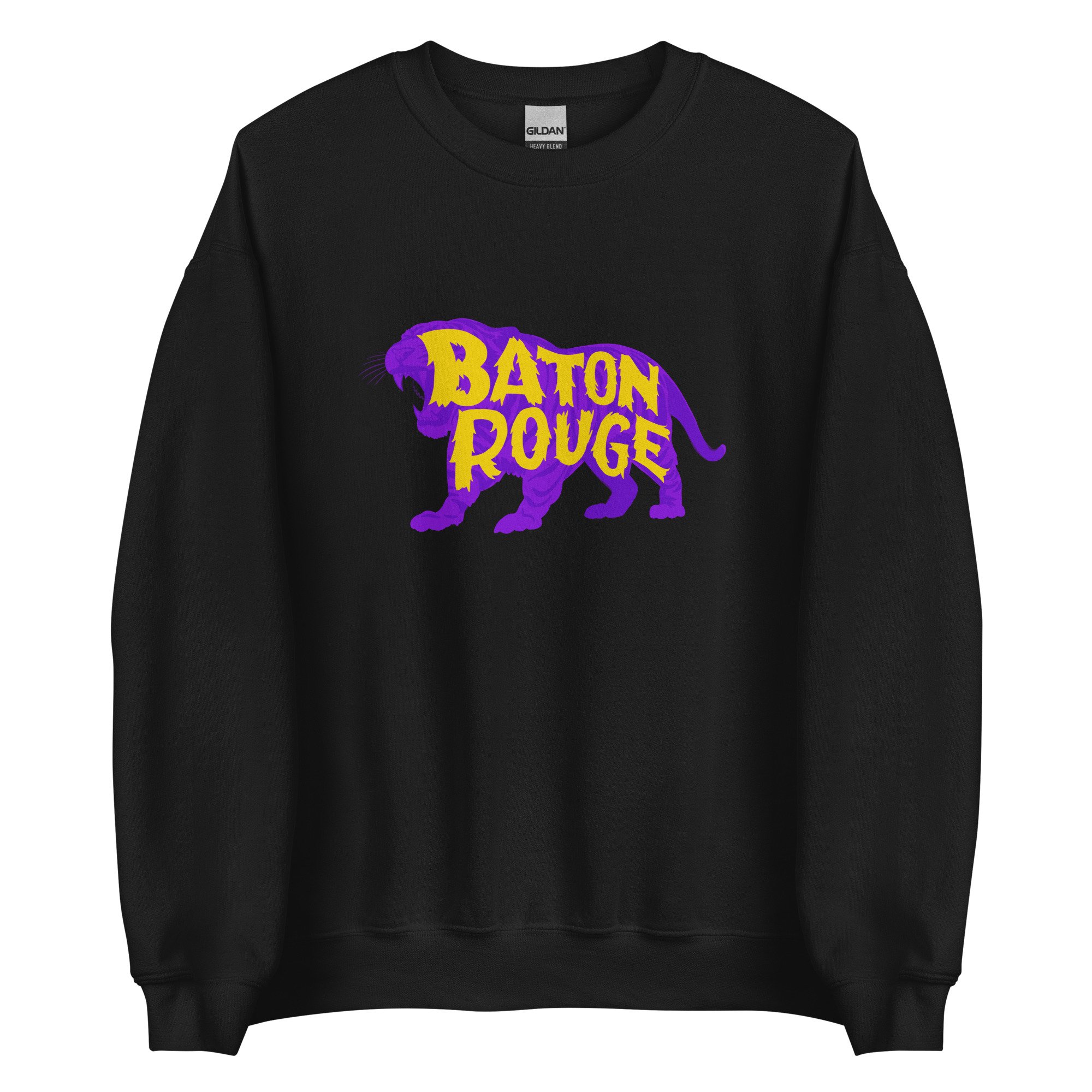Black crewneck sweatshirt with Baton Rouge tiger graphic centered on chest, blending comfort and campus tradition.