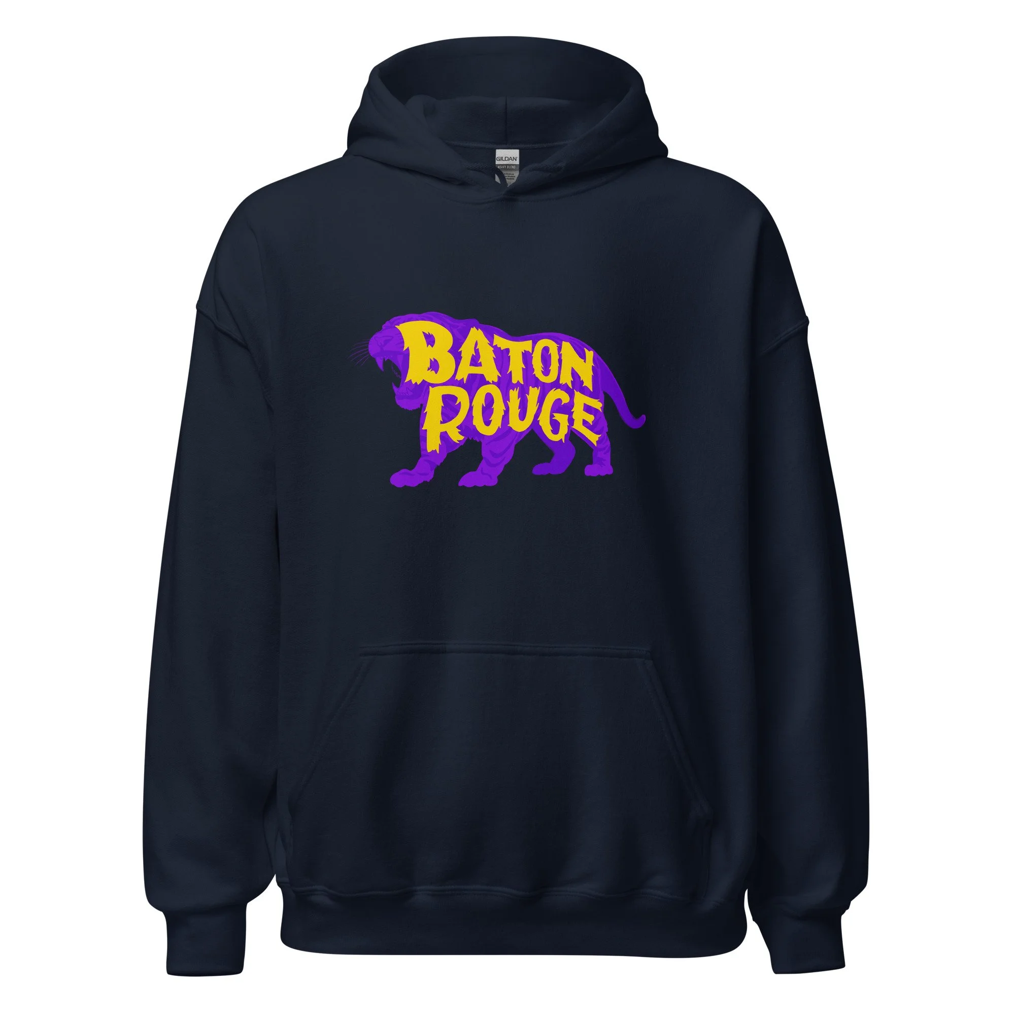 Navy blue hoodie with large Baton Rouge design across the chest, celebrating college town energy and Tiger spirit.