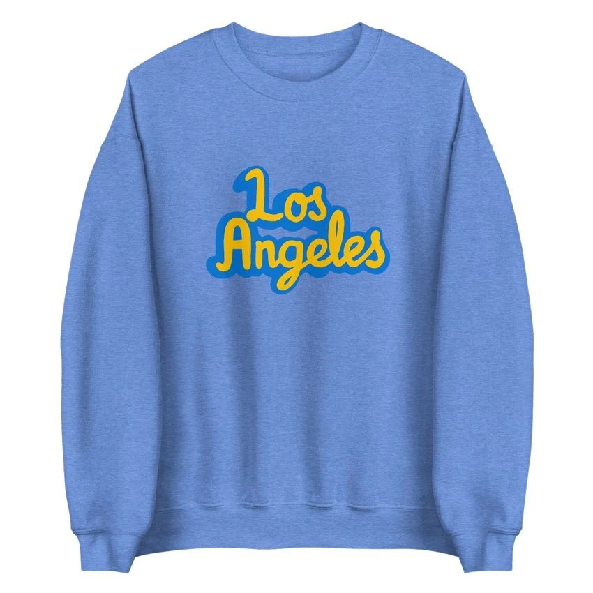 Midweight heather royal blue sweatshirt with Los Angeles script, inspired by UCLA in Westwood.