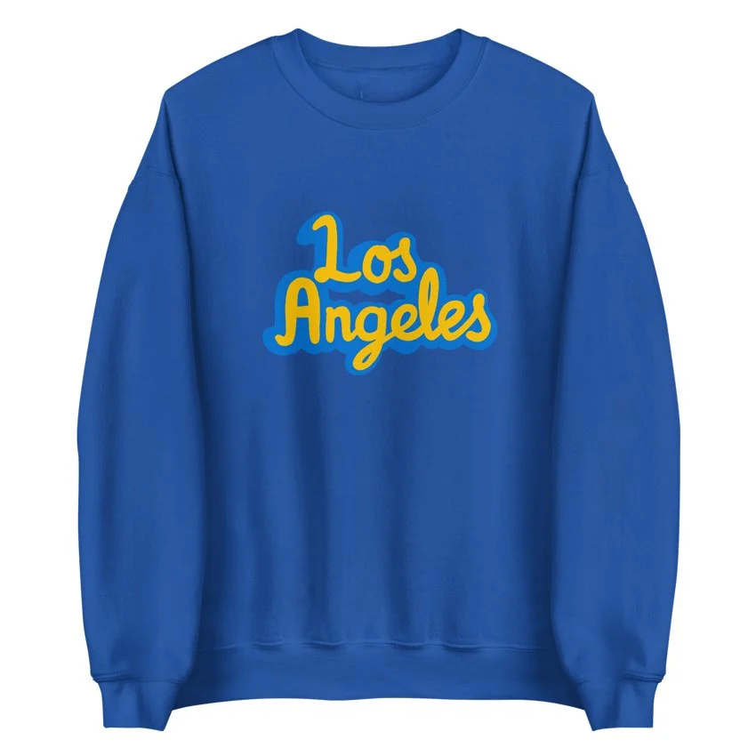 Midweight royal blue sweatshirt with Los Angeles script, inspired by UCLA in Westwood.