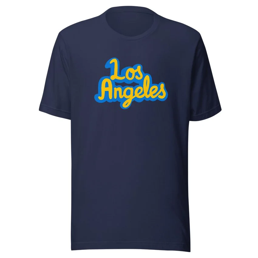 Lightweight navy blue t-shirt with Los Angeles script, inspired by UCLA in Westwood.