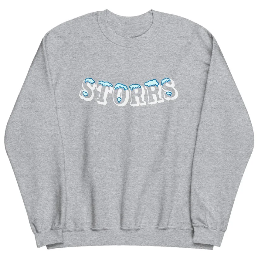Grey crewneck sweatshirt with Storrs design, inspired by the hometown of the University of Connecticut.