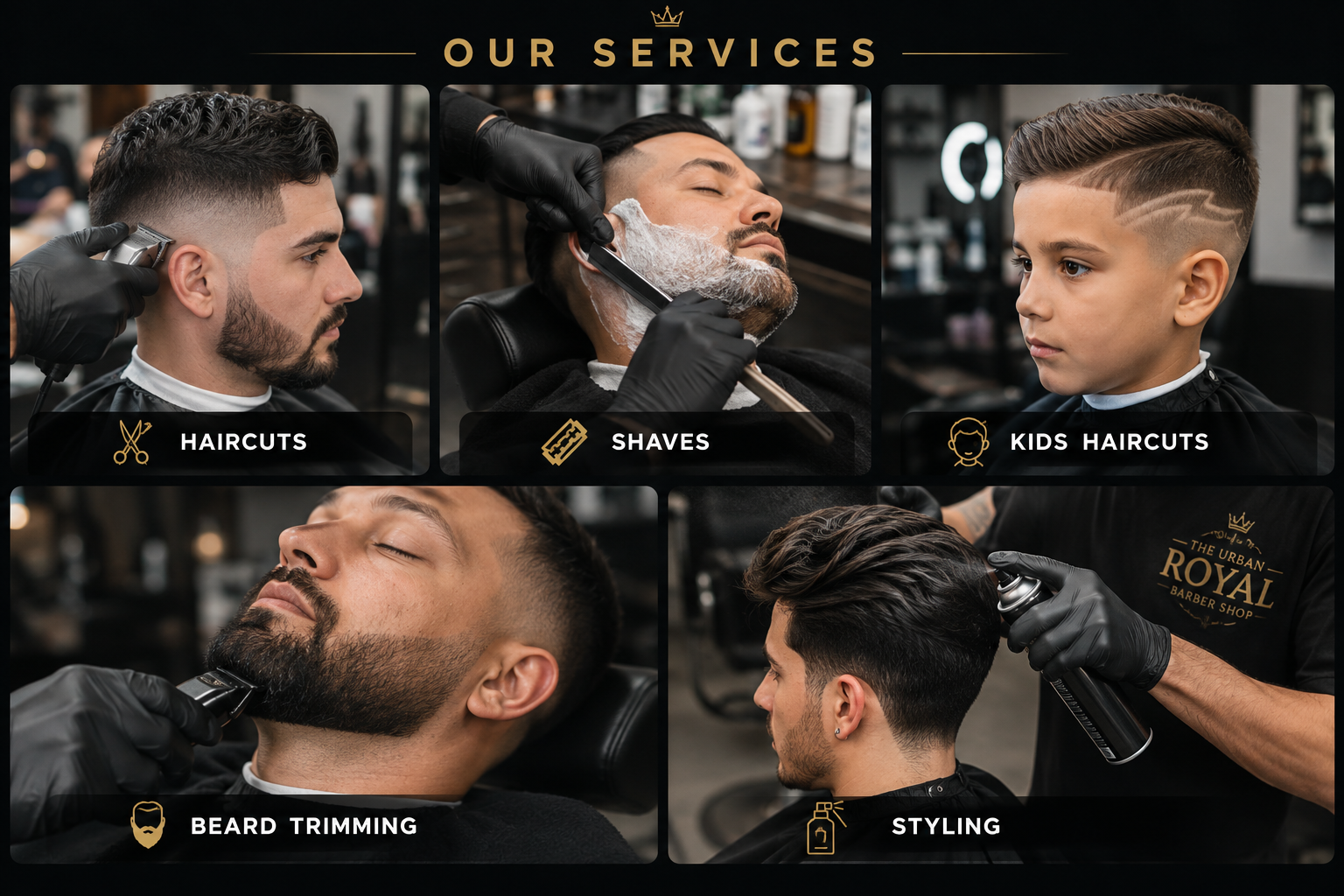 A collage showcasing barber services including haircuts, shaves, kids haircuts, beard trimming, and styling at a barbershop.