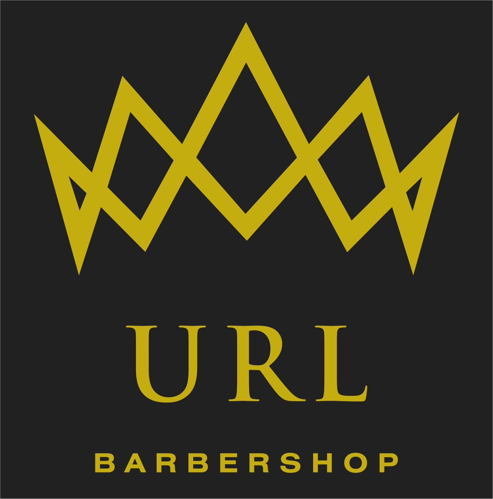 Black background with a gold crown and the words "URL BARBERSHOP" in gold lettering.