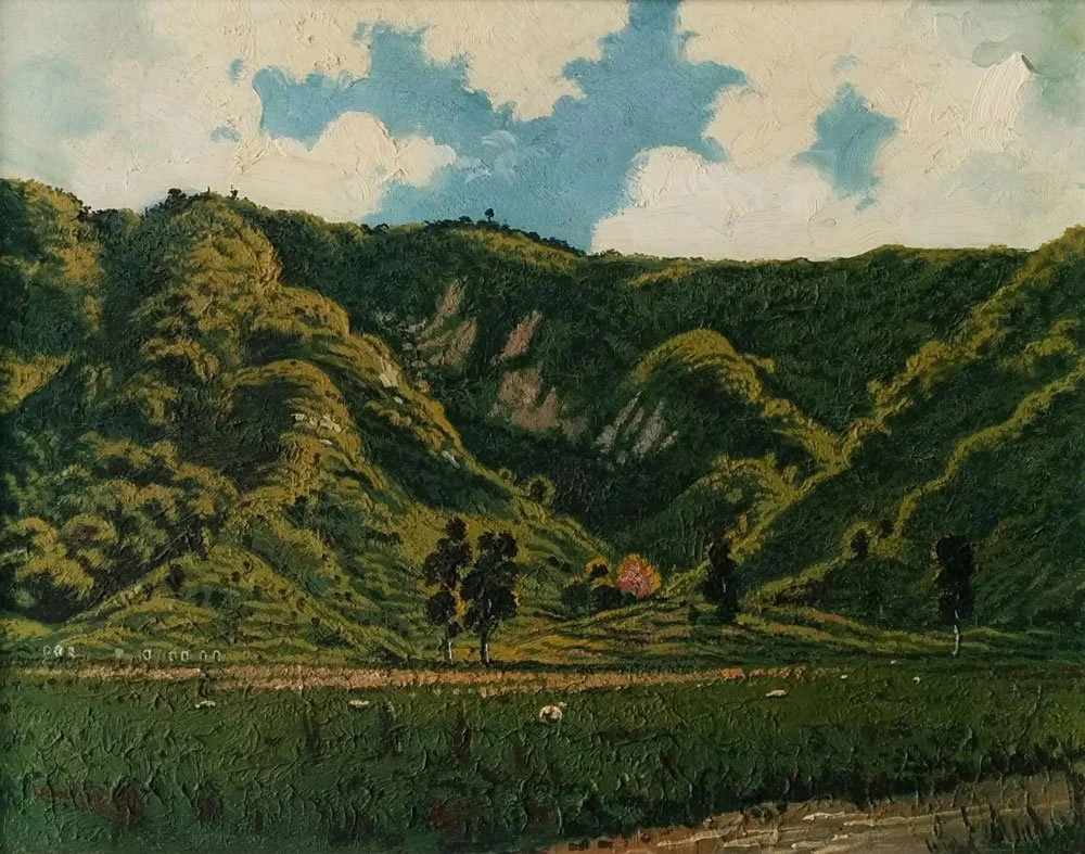 Hill Farm with Beehives, North Island, oil on board, signed Leonard Mitchell 1959, 36cm x 46cm.