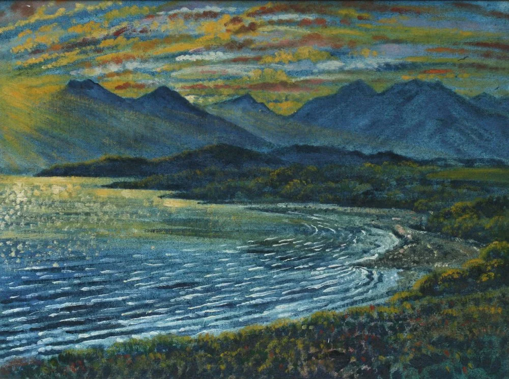 Sunset Lake Te Anau, oil on canvas on board, signed Leonard V Mitchell 1960, 31cm x 41cm.