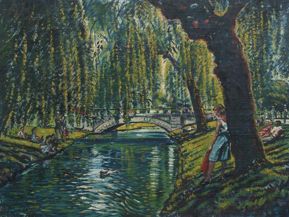 Bridge over the Avon, Christchurch, oil on canvas on board, signed Leonard Victor Mitchell 1960, 30cm x 40cm. SOLD 2024 for $4,200.
