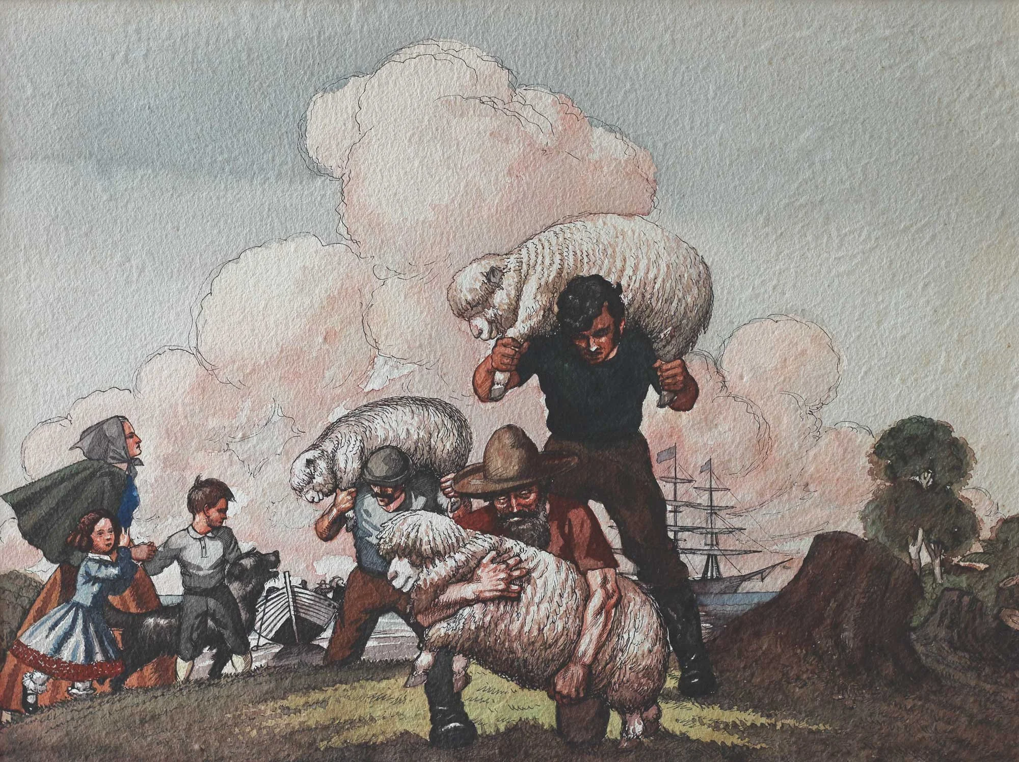 Arrival of the Settlers, from an original watercolour by Leonard Victor Mitchell. Limited Edition of 50 at original size –  490x640mm (artwork), unframed. $300 excluding delivery.